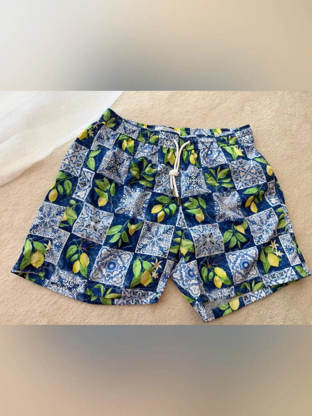Umberto Carro Positano Blue Lemon Tile Print Swim Trunks
